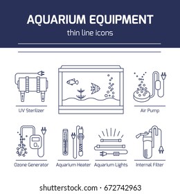 Thin Line Vector Icons - Aquarium Equipment. Outline Isolated Signs Of Devices For Fish Tank.