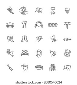 Thin line vector icons of dental clinic services, stomatology, dentistry, orthodontics