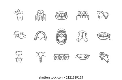 Thin line vector icons of dental clinic services, stomatology, dentistry, orthodontics