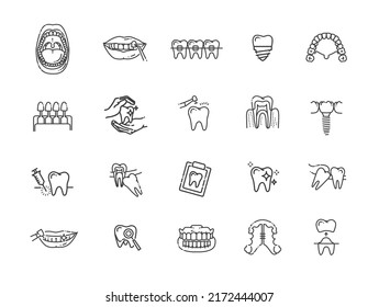 Thin line vector icons of dental clinic services, stomatology, dentistry, orthodontics