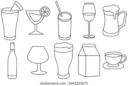 Thin Line Vector Icons of Hot and Cold Drinks – Tea, Milkshake, Whiskey, Bubble Tea, Espresso, and More