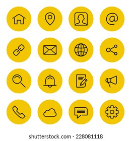 Thin line vector icons set for web site and mobile apps design black and yellow colors flat style. Objects and symbols: home, share, cloud, phone, link, megaphone, globe
