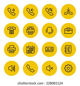 Thin line vector icons set for web site and mobile apps design black and yellow colors flat style. Objects and symbols: telephone, fax, gear, support, technology, call