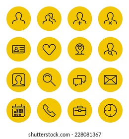 Thin line vector icons set for web site and mobile apps design black and yellow colors flat style. Objects and symbols: user, profile, business man, human, mail, speech bubble, network, social media