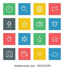 Thin line vector icons set for web site and mobile apps design colors flat style. Objects and symbols: globe, network, photo camera, flag, search, clock, rating, weather, user profile 