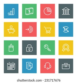 Thin line vector icons set for web site and mobile apps design colors flat style. Objects and symbols: finance, money, shopping, graph, bag, lock, arrow, exchange, dollar sign, stamp 