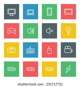 Thin line vector icons set for web site and mobile apps design colors flat style. Objects and symbols: game, controller, video camera, mouse, computer, laptop, screen, lamp, lighting 