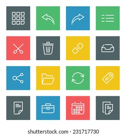 Thin line vector icons set for web site and mobile apps design colors flat style. Objects and symbols: arrow, link, share, folder, portfolio, case, tag, page, calendar, document 