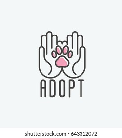 Thin line vector illustration of adopt a pet banner, new owner, domestic animal farm, hotel. Human hands with paw inside.