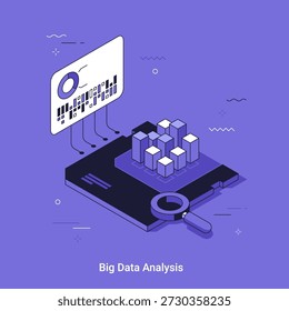 Thin line vector illustration for big data analysis concept with magnifying glass and data visualization elements. Isometric style for business intelligence.