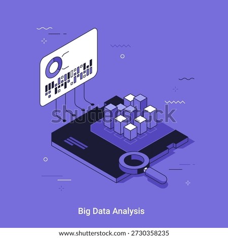 Thin line vector illustration for big data analysis concept with magnifying glass and data visualization elements. Isometric style for business intelligence.