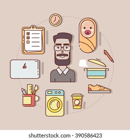 Thin Line Vector Illustration Of The Concept Of Life And Work Balance. Young Businessman, Freelancer With Baby. Multitasking Dad. Father Work At Home With Baby.