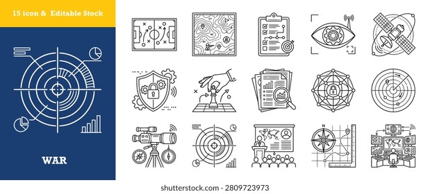 Thin line vector illustration icons showcasing military strategy intelligence gathering satellite monitoring tactical coordination and digital command center operations for security.