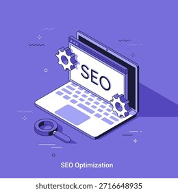 Ilustración vectorial de línea delgada con portátil con texto SEO en pantalla, lupa y engranajes para la optimización de motores de búsqueda. Icono de negocio isométrico para promoción de marketing digital.