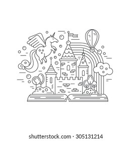 Thin line vector illustration with open book and fairytale castle. Magical world of imagination with unicorn, balloon, rainbow. Imagination and creative thinking concept.