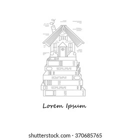 Thin line vector illustration with stack of books and cute book house. Fairy house with a book roof, garden, trumpet and smoke. Imagination and creative thinking concept.