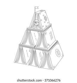 Thin line vector illustration with stack of books and cute book house. Fairy house with a book tower, flag, roof and child. Imagination and creative thinking concept.