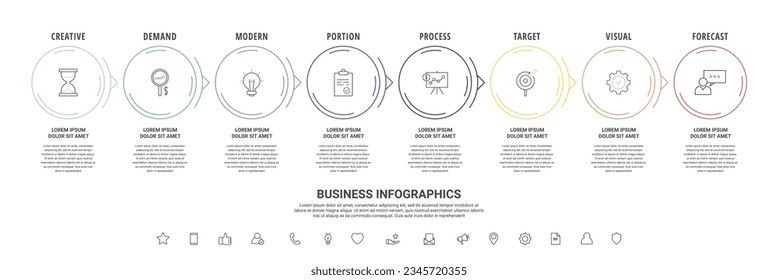Thin line vector infographics with eight and arrows. Timeline template with 8 steps for the app, business, website, interface, chart, levels, web, diagram, banner, presentations