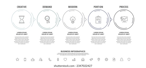 Thin line vector infographics with five circles and arrows. Timeline template with 5 steps for the app, business, website, interface, chart, levels, web, diagram, banner, presentations