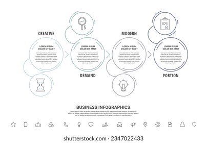 Thin line vector infographics with four circles and arrows. Timeline template with 4 steps for the app, business, website, interface, chart, levels, web, diagram, banner, presentations