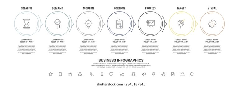 Thin line vector infographics with seven circles and arrows. Timeline template with 7 steps for the app, business, website, interface, chart, levels, web, diagram, banner, presentations