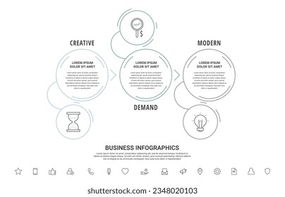 Thin line vector infographics with three circles and arrows. Timeline template with 3 steps for the app, business, website, interface, chart, levels, web, diagram, banner, presentations