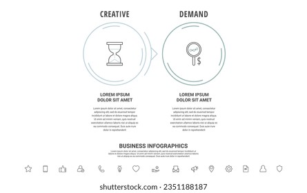 Thin line vector infographics with two circles and arrows. Timeline template with 2 steps for the app, business, website, interface, chart, levels, web, diagram, banner, presentations