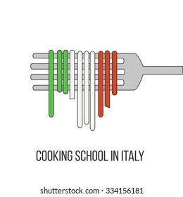 Thin line vector logotype, poster, banner with Italian pasta - perfect label for cookery Italian school. Italian pasta in the colors of the national flag.