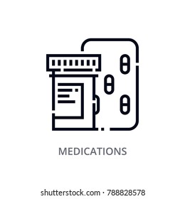 Thin line vector medications icon or logo. Drugs and pills. Medicine and healthcare. Modern flat outline design. Premium quality linear pictogram. 