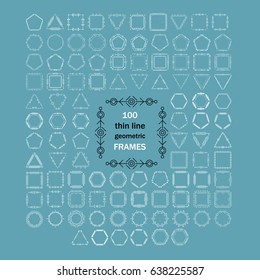 Thin line vector modern geometric frames set. Big bundle of 100 modern frames of different geometric shapes with geometric decor.