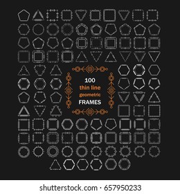 Thin line vector modern geometric frames set. Big bundle of 100 modern frames of different geometric shapes with geometric decor.