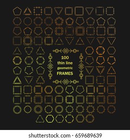 Thin line vector modern geometric frames set. Big bundle of 100 modern frames of different geometric shapes with geometric decor.