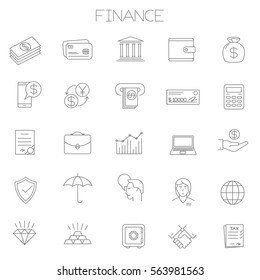 Juego de íconos de negocios y finanzas en línea con vector de línea delgado. Oficina de diseño plano y gestión, colección de símbolos de seguro e inversión sobre fondo blanco. Sólo líneas, fácil de editar el peso de línea