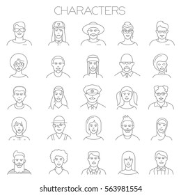 Thin line vector online people icon set. Flat design characters, professions, faces and avatar symbols collection  on white background. Lines only, easy to edit line weight