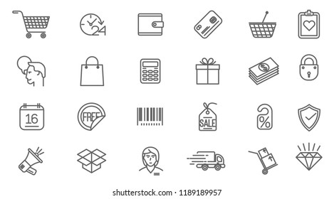 Juego de iconos de la tienda en línea de vector de línea delgado. Diseño plano al menudeo y colección de símbolos de compras sobre fondo blanco. Sólo líneas, fácil de editar el peso de línea.