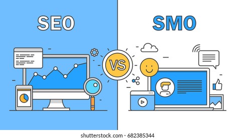 Thin line vector for search engine optimization and social media networking, digital marketing, comparison between SEO and SMO banner with icons