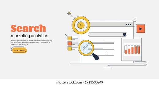 Thin line vector for Search marketing, Digital marketing report, Search strategy - conceptual illustration with icons