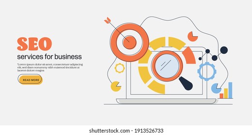 Thin line vector for SEO service, Digital marketing, Search optimization, SEO analytics - conceptual vector illustration with icons