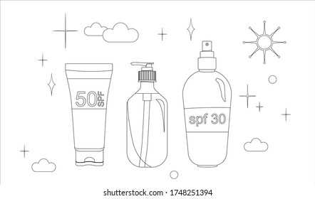 Thin line vector set sunscreen gel, sunblock spray, tanning oil. Prevention of aging and skin cancer. Summer linear isolated illustration of UV cosmetics for protecting the skin. 