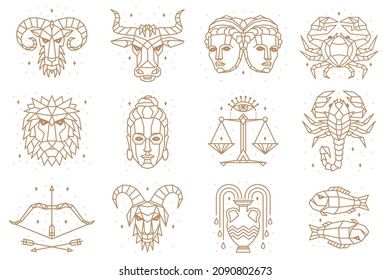 Símbolos zodiacales vectoriales de línea delgada. Astrología, signo de horóscopo, elementos de diseño gráfico, plantilla de impresión. Estilo de trazo de contorno vintage. Aislado en blanco.