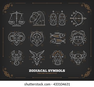 Símbolos zodiacales vectoriales delgados. Astrología, signo de horóscopo, elementos de diseño gráfico, plantilla de impresión. Estilo de trazo de contorno de vintage. Aislado en la oscuridad.