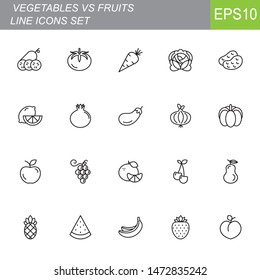 Thin line vegetables and fruit icons set on white background. Vector illustration eps10.