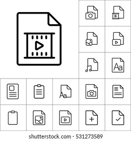 thin line video file, play icon on white background, document icons set