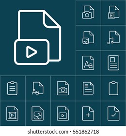 thin line video file, play icon on blue background, document icons set