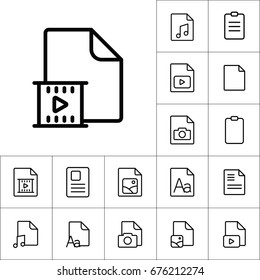 thin line video file, play icon, different type file icons set on white background