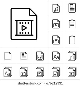 thin line video file, play icon, different type file icons set on white background