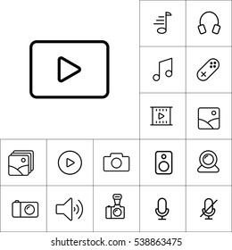 thin line video play icon on white background, multimedia icons set