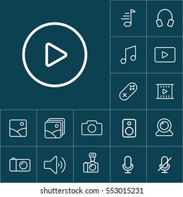 thin line video play icon on blue background, multimedia icons set