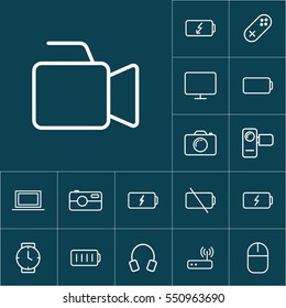 thin line video production camera icon on blue background, gadgets set