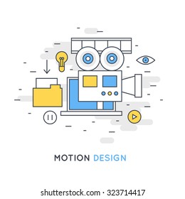 Thin Line Video Production Studio, Motion Design, Electronic. Flat Design Vector Illustration. 